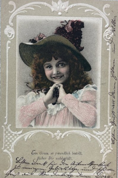 画像1: Postcard　アンティークポストカード　帽子の女の子　ドイツ１９０２年 (1)