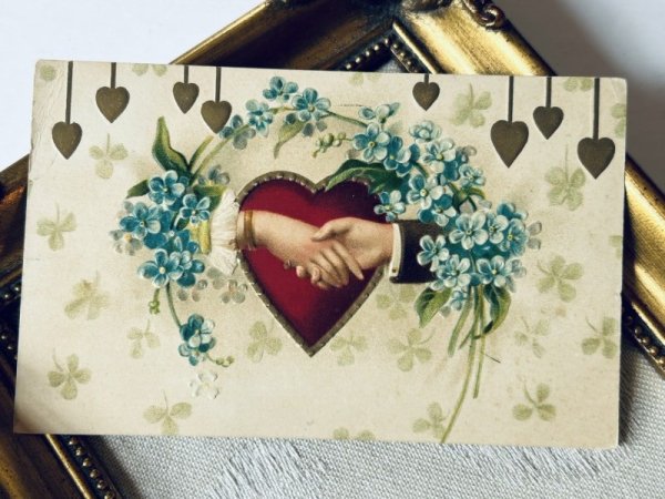 画像2: Postcard  アンティークポストカード 握手する手 ハート 忘れな草 (2)