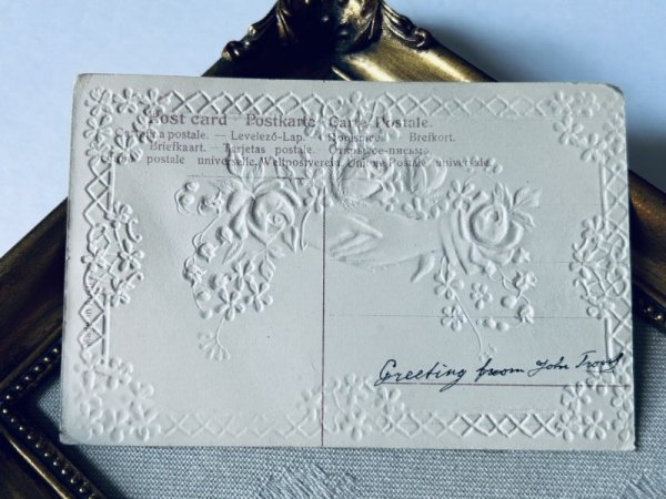画像4: Postcard 　アンティークポストカード　握手をする手　忘れな草　スズラン　薔薇　シルク貼り (4)