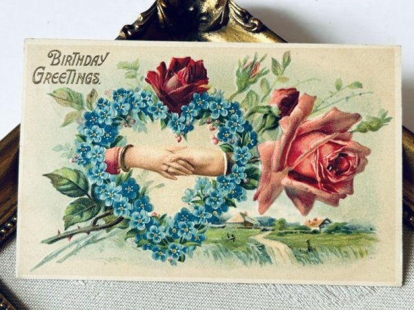 画像2: Postcard 　アンティークポストカード　手とお花　ハート　薔薇　忘れな草 (2)