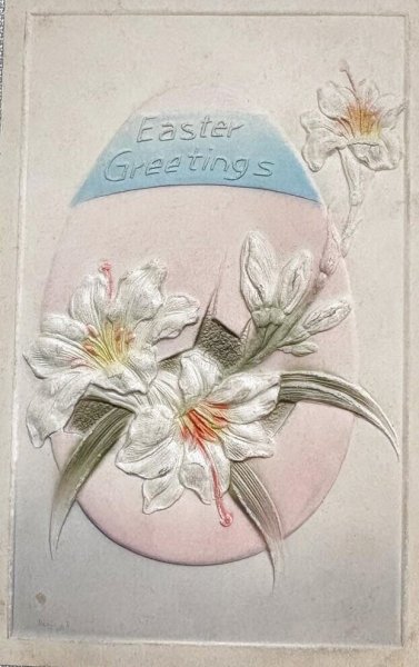 画像1: Postcard　アンティークポストカード　イースター　ピンク色の卵と白百合のお花 (1)