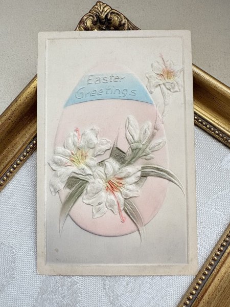 画像2: Postcard　アンティークポストカード　イースター　ピンク色の卵と白百合のお花 (2)