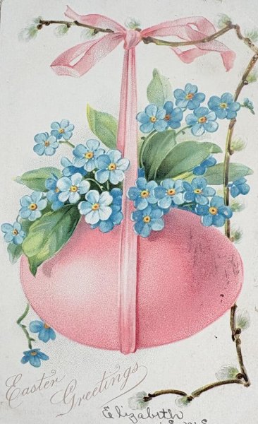 画像1: Postcard　アンティークポストカード　イースター　忘れな草のお花とピンク色の卵　アメリカ1907年 (1)