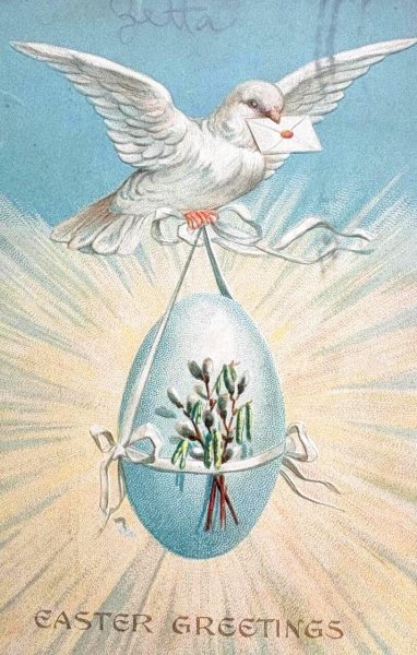 画像1: Postcard　アンティークポストカード　イースター　手紙と卵を運ぶ白い鳩　アメリカ1909年 (1)