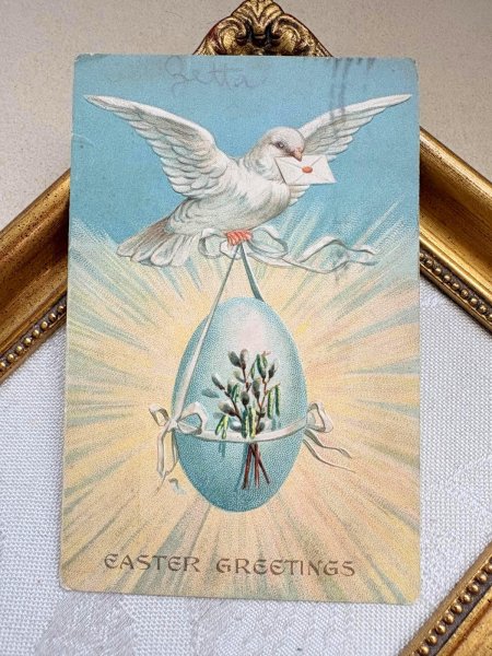 画像2: Postcard　アンティークポストカード　イースター　手紙と卵を運ぶ白い鳩　アメリカ1909年 (2)