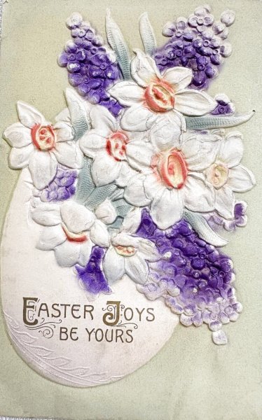 画像1: Postcard　アンティークポストカード　イースター　スイセンとライラックのお花と卵 (1)
