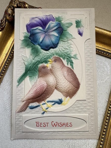 画像2: Postcard　アンティークポストカード　スミレのお花と2羽の鳥　エンボス (2)