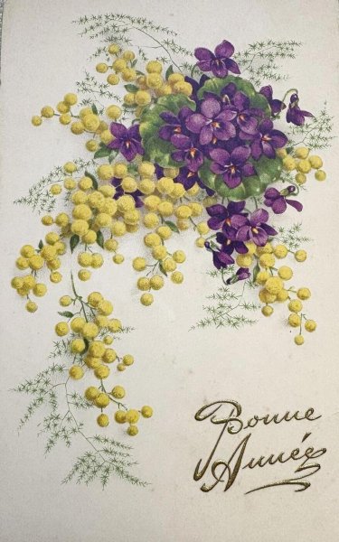 画像1: Postcard　アンティークポストカード　スミレとミモザのお花　フランス　1936年 (1)