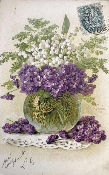 画像1: Postcard　アンティークポストカード　スズランとスミレのお花　花瓶　フランス1908年 (1)