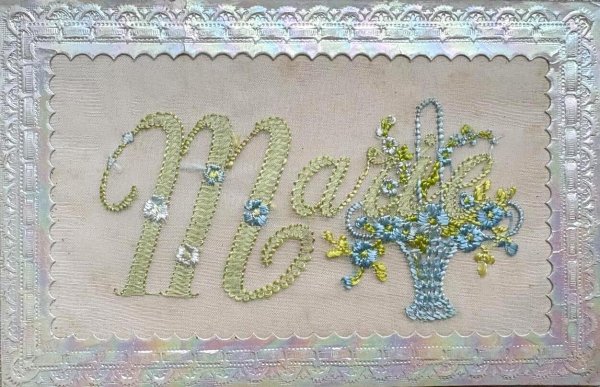 画像1: Postcard　アンティークポストカード　刺繍　忘れな草のお花かご　マリー　Marie フランス　1912年 (1)