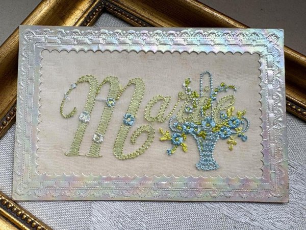 画像2: Postcard　アンティークポストカード　刺繍　忘れな草のお花かご　マリー　Marie フランス　1912年 (2)