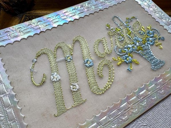 画像3: Postcard　アンティークポストカード　刺繍　忘れな草のお花かご　マリー　Marie フランス　1912年 (3)