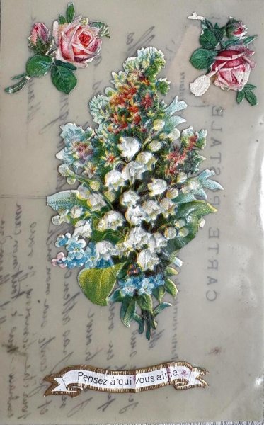 画像1: Postcard　アンティークポストカード　スズラン　薔薇　忘れな草のお花　セルロイド　フランス1907年 (1)