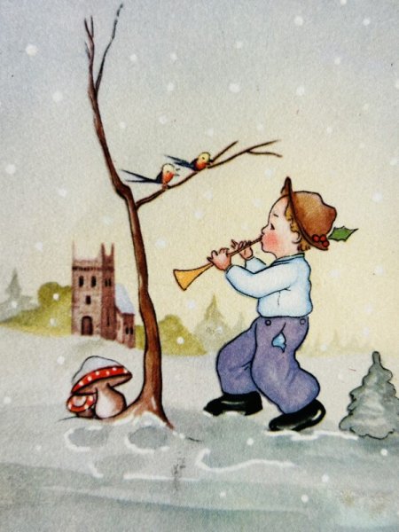 画像2: Postcard　アンティークポストカード　新年　New Year　ラッパを吹く男の子　小鳥　キノコ　（未使用） (2)