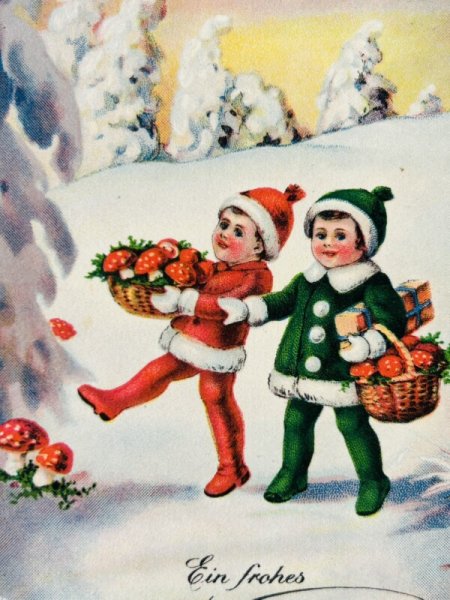 画像2: Postcard　アンティークポストカード　新年　New Year　キノコを運ぶ子どもたち　 (2)