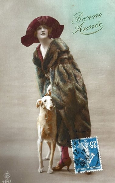 画像1: Postcard　アンティークポストカード　ボルゾイ犬と毛皮の女性　フランス　写真　1921年 (1)