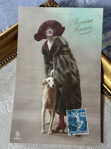 画像2: Postcard　アンティークポストカード　ボルゾイ犬と毛皮の女性　フランス　写真　1921年 (2)