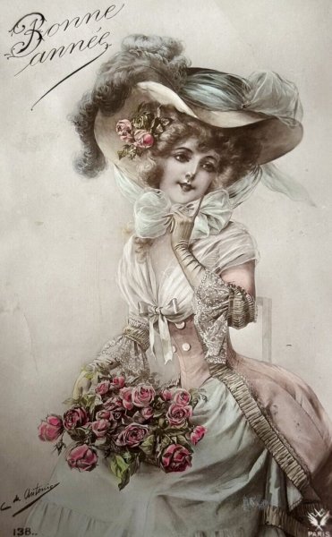 画像1: Postcard　アンティークポストカード　羽帽子の女性　ドレス　薔薇の花　フランス (1)
