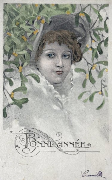 画像1: Postcard　アンティークポストカード　宿り木と女性　フランス1905年 (1)
