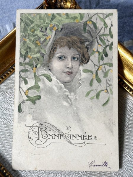 画像2: Postcard　アンティークポストカード　宿り木と女性　フランス1905年 (2)