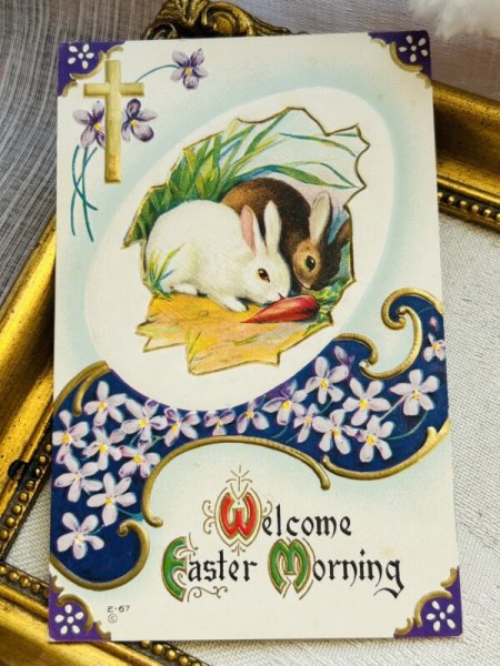 画像2: Postcard アンティークポストカード イースター  スミレのお花 十字架 うさぎさん ウサギ 兎  (2)