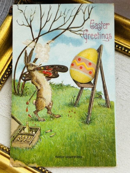 画像2: Postcard　アンティークポストカード　イースター 　卵にペイントをするうさぎの画家さん　イースターエッグ　 (2)