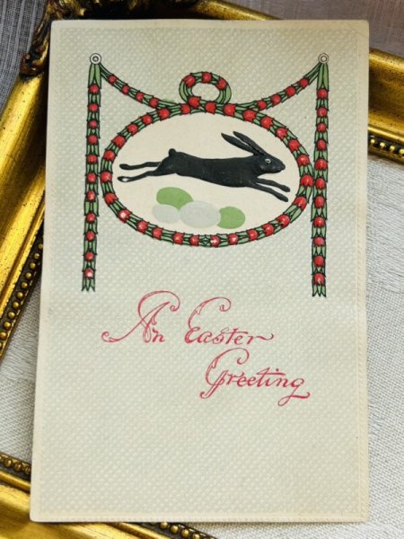 画像2: Postcard　アンティークポストカード　イースター 　飛び跳ねる黒うさぎ　イースターエッグ　卵　 (2)