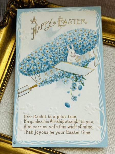 画像2: Postcard アンティークポストカード イースター  忘れな草のお花の飛行機を操縦するうさぎさん ウサギ 兎 (未使用) (2)