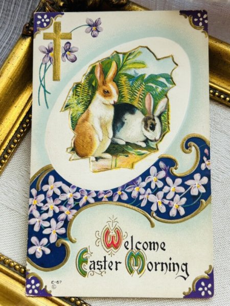 画像2: Postcard　アンティークポストカード　イースター 　スミレのお花　十字架　うさぎさん　ウサギ　兎　 (2)