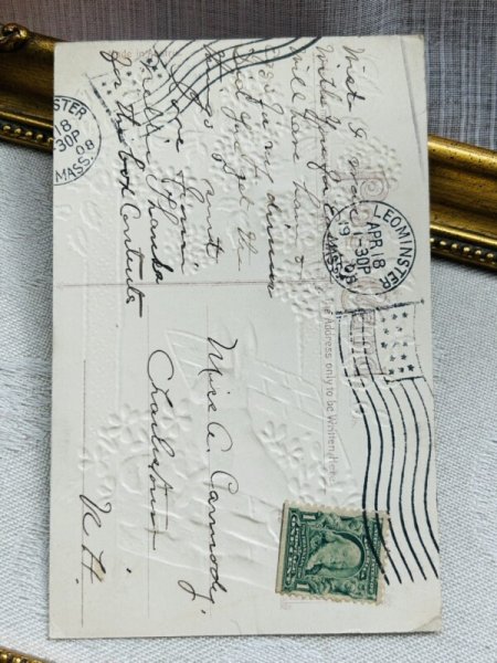 画像4: Postcard　アンティークポストカード　イースター 　バスケットの中のうさぎさん　シルク布貼り　スミレ (4)