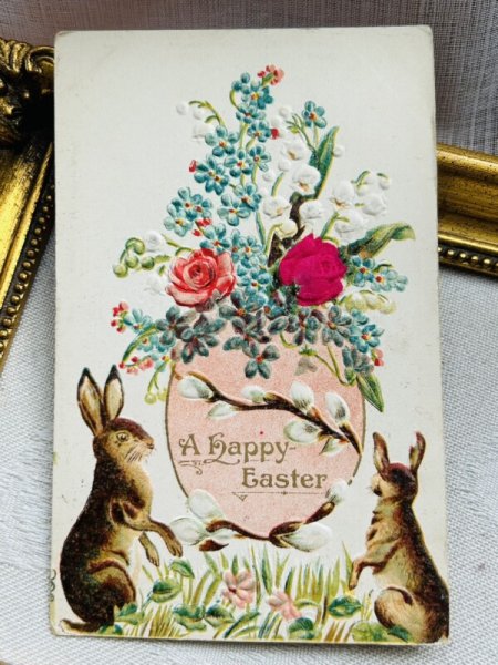 画像2: Postcard アンティークポストカード イースター  お花のイースターエッグとうさぎさん シルク布貼り (2)