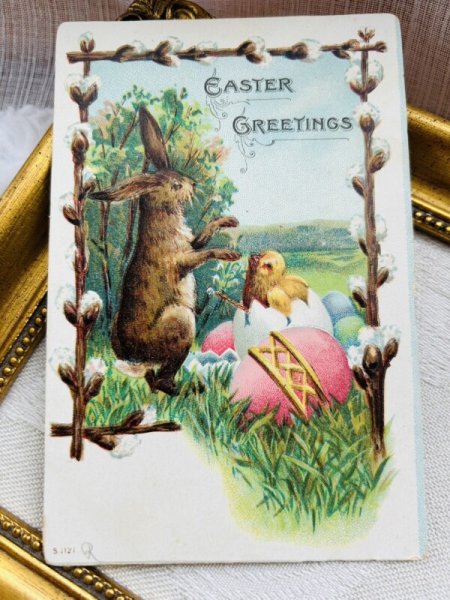 画像2: Postcard　アンティークポストカード　イースター 　うさぎと卵から生まれたてのヒヨコ　イースターエッグ　 (2)