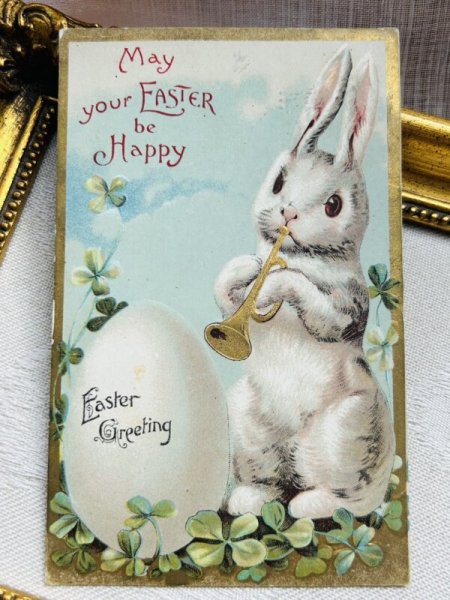 画像2: Postcard アンティークポストカード イースター  トランペットを吹くうさぎさんと大きな卵 楽器 Ellen Clapsaddle (2)