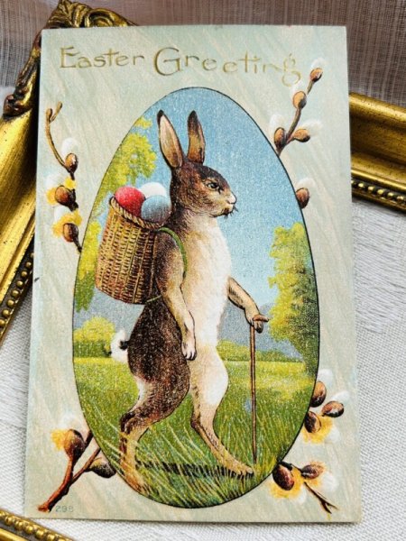 画像2: Postcard アンティークポストカード イースター  卵を運ぶうさぎさん ネコヤナギ (2)