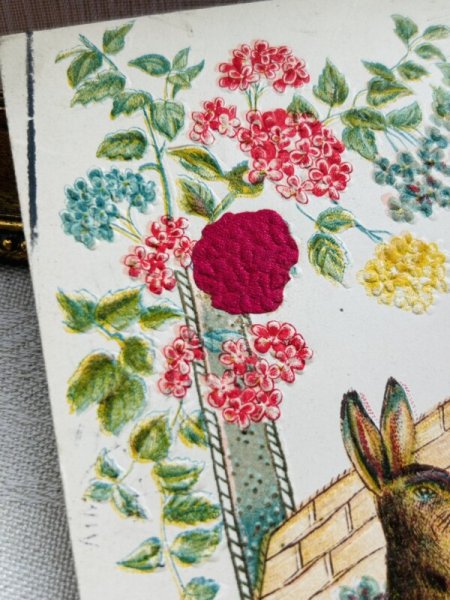 画像3: Postcard　アンティークポストカード　イースター 　バスケットの中のうさぎさん　シルク布貼り　スミレ (3)