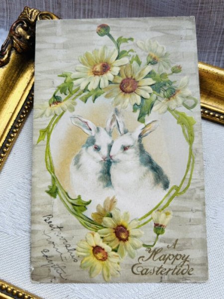 画像2: Postcard　アンティークポストカード　イースター 　寄り添う白ウサギ　デイジー　 (2)