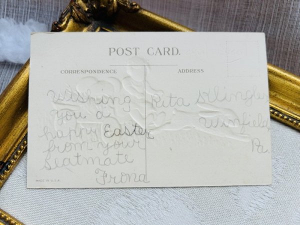 画像3: Postcard アンティークポストカード イースター  ウサギ車で卵とスノードロップのお花を運ぶ女の子 (3)