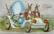 画像1: Postcard　アンティークポストカード　イースター 　自動車で大きな卵を運ぶウサギさん (1)