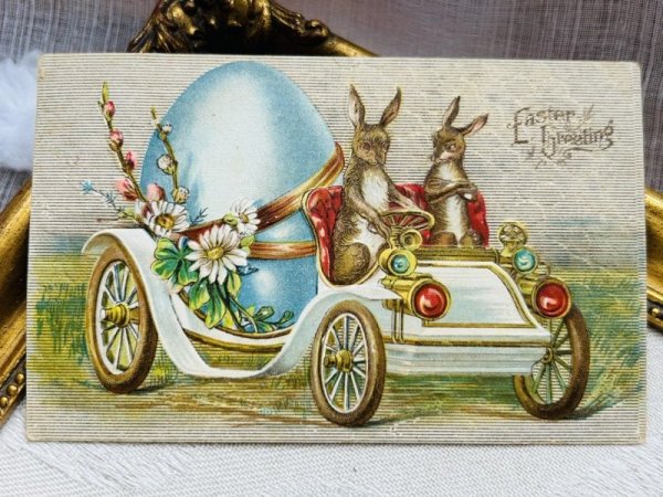 画像2: Postcard　アンティークポストカード　イースター 　自動車で大きな卵を運ぶウサギさん (2)