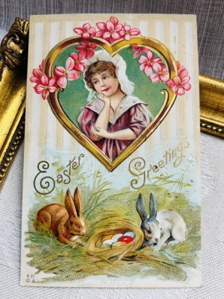 画像2: Postcard アンティークポストカード イースター  ウサギと女の子 ハート イースターエッグ 卵  (2)