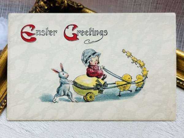画像2: Postcard アンティークポストカード イースター  ヒヨコの卵車に乗る女の子を押すウサギさん アメリカ(未使用) (2)