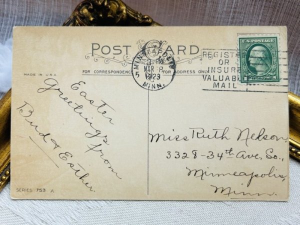 画像3: Postcard アンティークポストカード イースター  ウサギの卵車 ダッチ アメリカ1923年 (3)