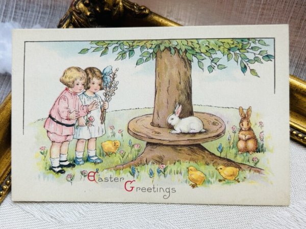 画像2: Postcard アンティークポストカード イースター  子どもたちとウサギとヒヨコ アメリカ (2)