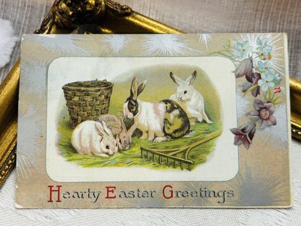 画像2: Postcard アンティークポストカード イースター  ウサギ 銀 (2)