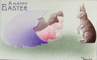 アンティークポストカード イースターのウサギとお揃いワンピの可愛い