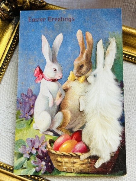 画像2: Postcard アンティークポストカード イースター  うさぎと卵 リアルファー (未使用) (2)