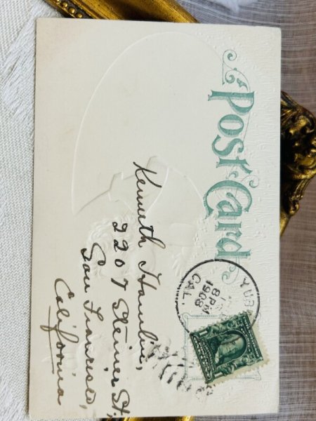 画像4: Postcard　アンティークポストカード　イースター 　卵から生まれた赤ちゃんを見つめるうさぎ　エンボス　アメリカ1908年 (4)