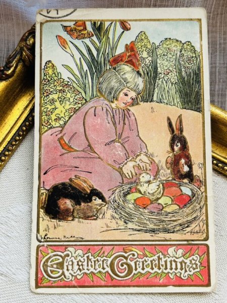 画像2: Postcard アンティークポストカード イースター  女の子とウサギ 卵 ヒヨコ (2)
