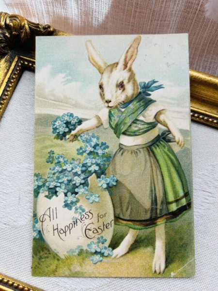 画像2: Postcard アンティークポストカード イースター  忘れな草のお花とうさぎさん 卵  (2)