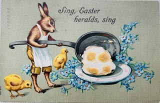 アンティークポストカード　イースターのウサギとお揃いワンピの可愛い少女たち アンティークポストカード イースターのウサギとお揃いワンピの